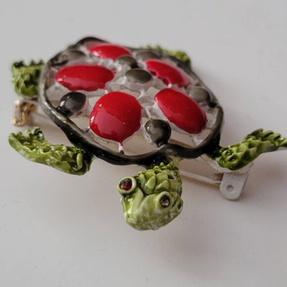 VTG Turtle Brooch Red Cabochon Shell Green Enamel Gold Tone Figural Tortoise Pin - Picture 7 of 8